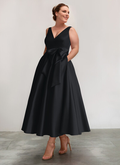 A-Line V-Neck Satin Mother Of The Bride Dresses With Bow(s)/Pockets