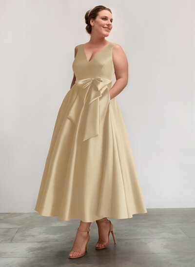 A-Line V-Neck Satin Mother Of The Bride Dresses With Bow(s)/Pockets