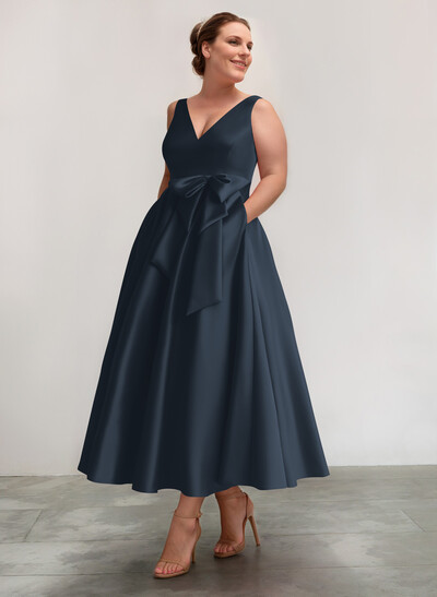 A-Line V-Neck Satin Mother Of The Bride Dresses With Bow(s)/Pockets