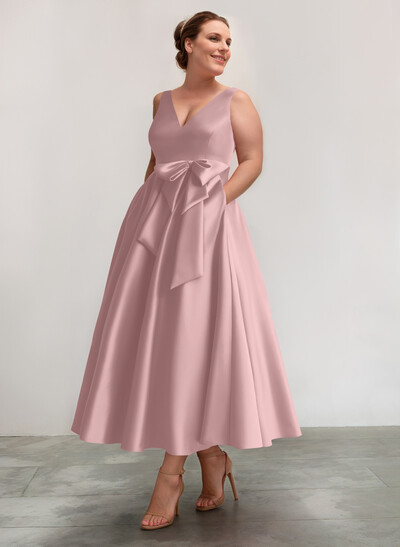 A-Line V-Neck Satin Mother Of The Bride Dresses With Bow(s)/Pockets