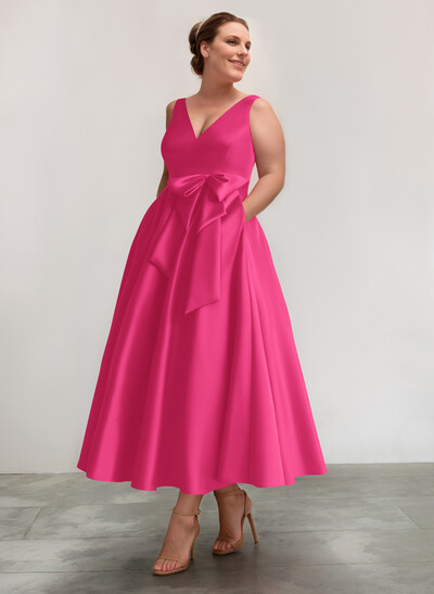 A-Line V-Neck Satin Mother Of The Bride Dresses With Bow(s)/Pockets