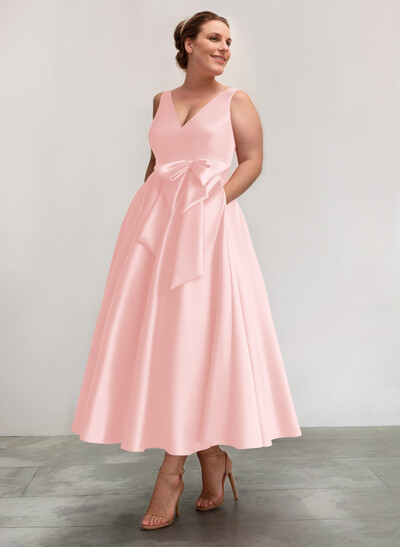 A-Line V-Neck Satin Mother Of The Bride Dresses With Bow(s)/Pockets