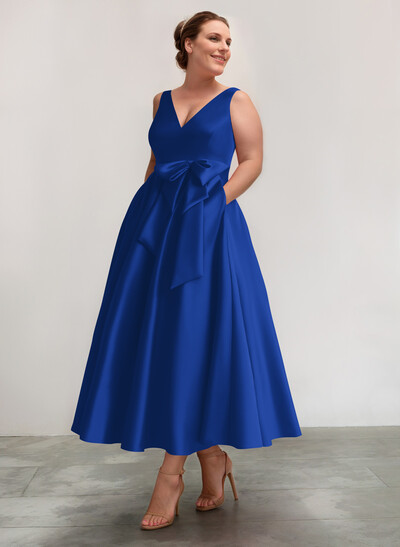 A-Line V-Neck Satin Mother Of The Bride Dresses With Bow(s)/Pockets