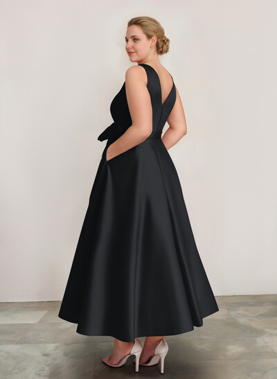 A-Line V-Neck Satin Mother Of The Bride Dresses With Bow(s)/Pockets