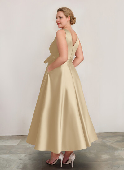 A-Line V-Neck Satin Mother Of The Bride Dresses With Bow(s)/Pockets