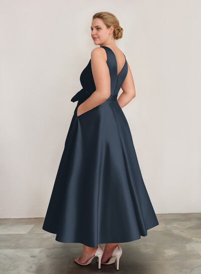 A-Line V-Neck Satin Mother Of The Bride Dresses With Bow(s)/Pockets