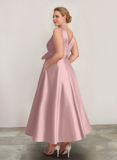 A-Line V-Neck Satin Mother Of The Bride Dresses With Bow(s)/Pockets
