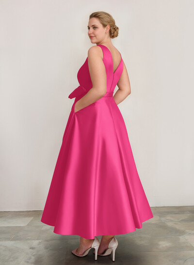 A-Line V-Neck Satin Mother Of The Bride Dresses With Bow(s)/Pockets