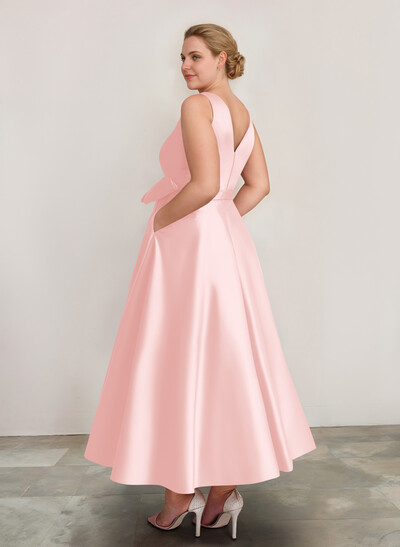 A-Line V-Neck Satin Mother Of The Bride Dresses With Bow(s)/Pockets