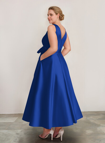 A-Line V-Neck Satin Mother Of The Bride Dresses With Bow(s)/Pockets