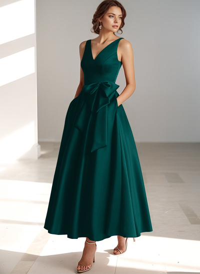 A-Line V-Neck Satin Mother Of The Bride Dresses With Bow(s)/Pockets