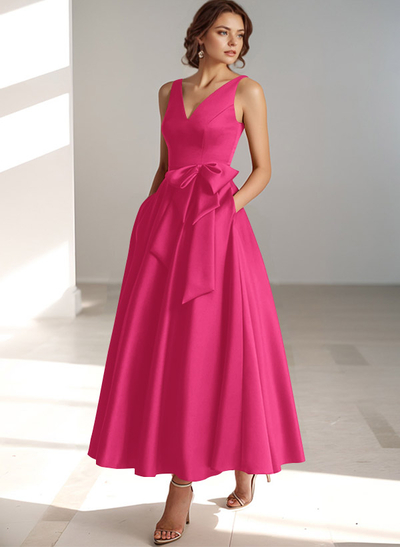 A-Line V-Neck Satin Mother Of The Bride Dresses With Bow(s)/Pockets
