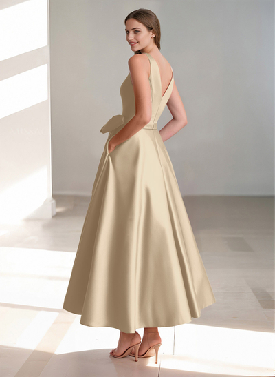 A-Line V-Neck Satin Mother Of The Bride Dresses With Bow(s)/Pockets