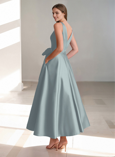 A-Line V-Neck Satin Mother Of The Bride Dresses With Bow(s)/Pockets