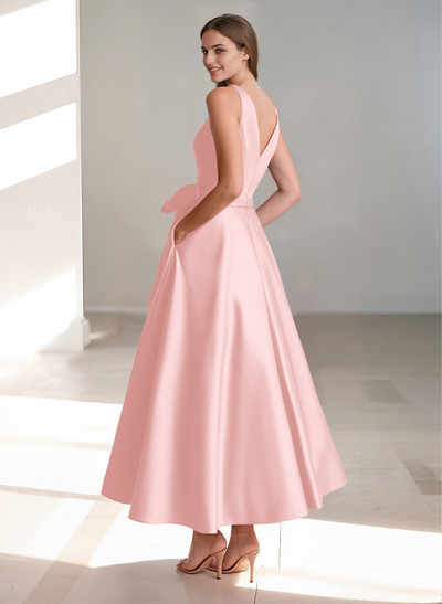 A-Line V-Neck Satin Mother Of The Bride Dresses With Bow(s)/Pockets