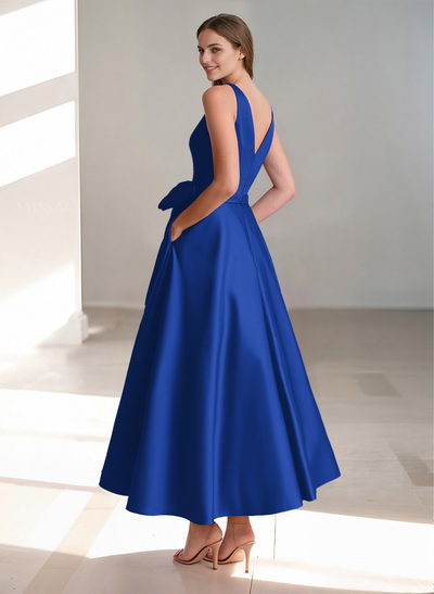 A-Line V-Neck Satin Mother Of The Bride Dresses With Bow(s)/Pockets