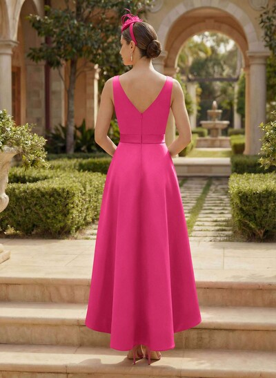 A-Line V-Neck Satin Mother Of The Bride Dresses With Bow(s)/Pockets