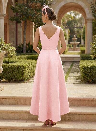 A-Line V-Neck Satin Mother Of The Bride Dresses With Bow(s)/Pockets
