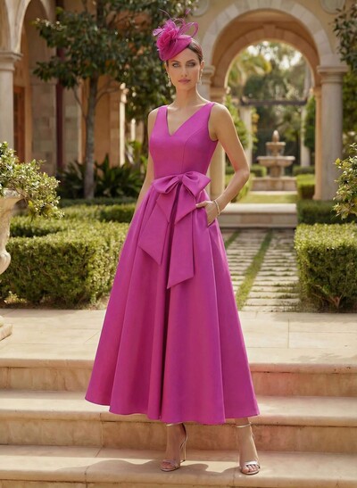 A-Line V-Neck Satin Mother Of The Bride Dresses With Bow(s)/Pockets
