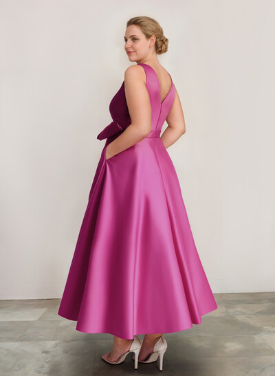 A-Line V-Neck Satin Mother Of The Bride Dresses With Bow(s)/Pockets