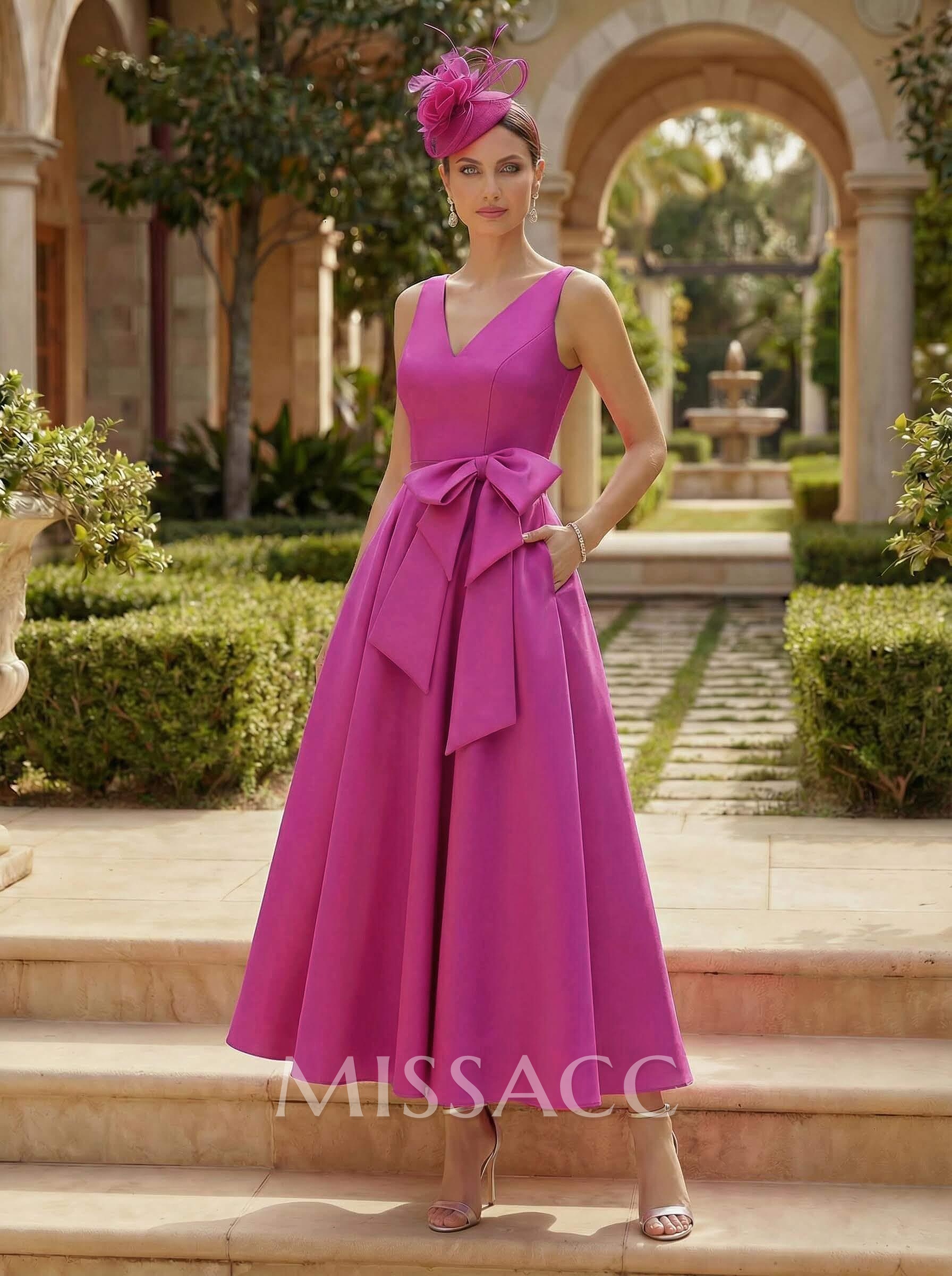 A-Line V-Neck Satin Mother Of The Bride Dresses With Bow(s)/Pockets A-Line V-Neck Satin Mother Of The Bride Dresses With Bow(s)/Pockets