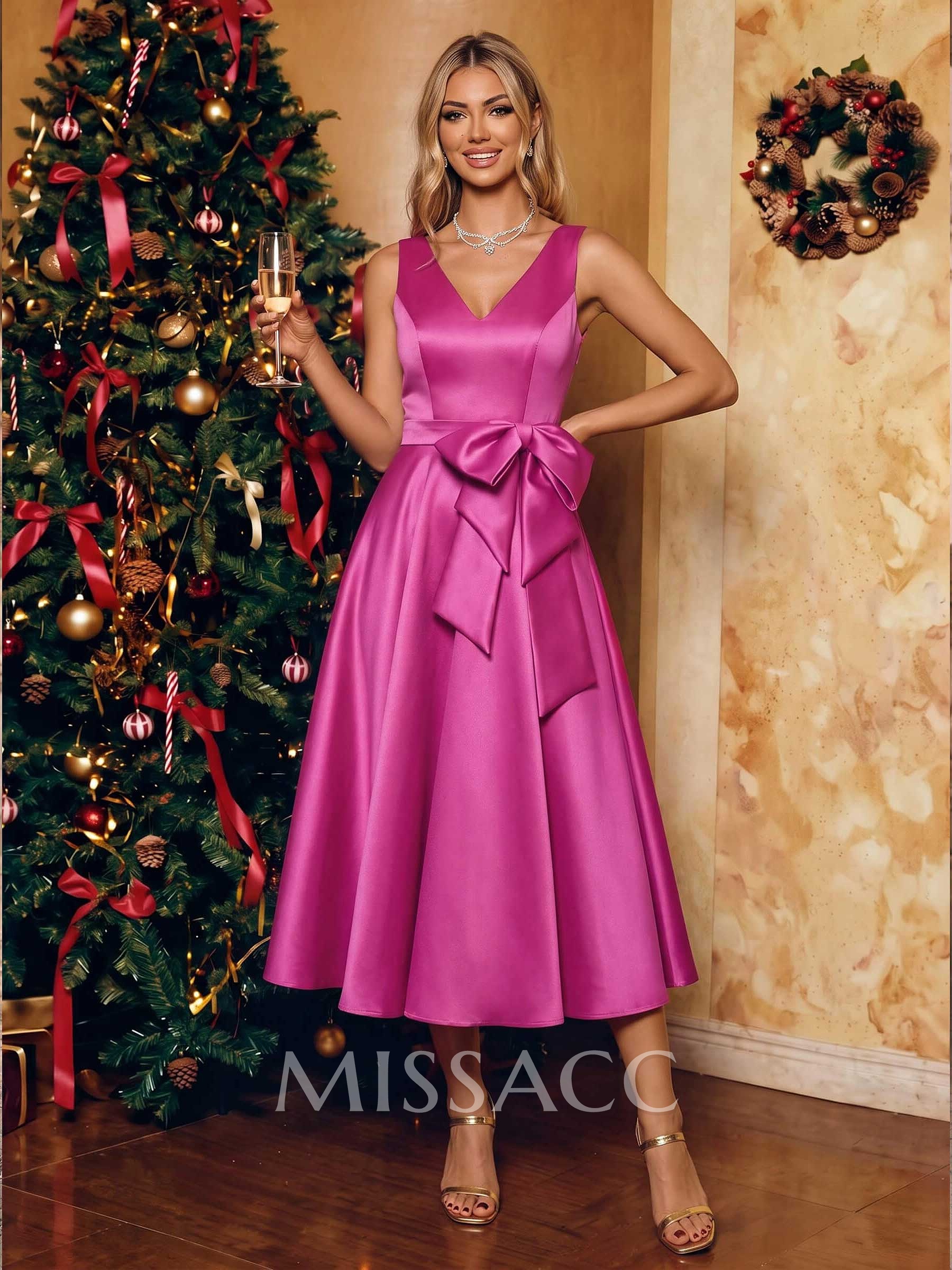 A-Line V-Neck Satin Mother Of The Bride Dresses With Bow(s)/Pockets