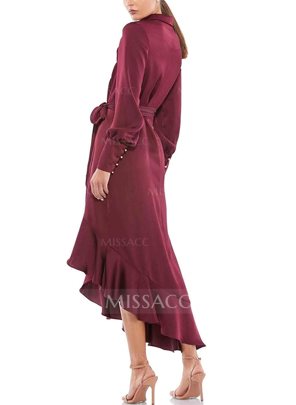 A-Line V-Neck Long Sleeves Satin Mother Of The Bride Dresses With Cascading Ruffles