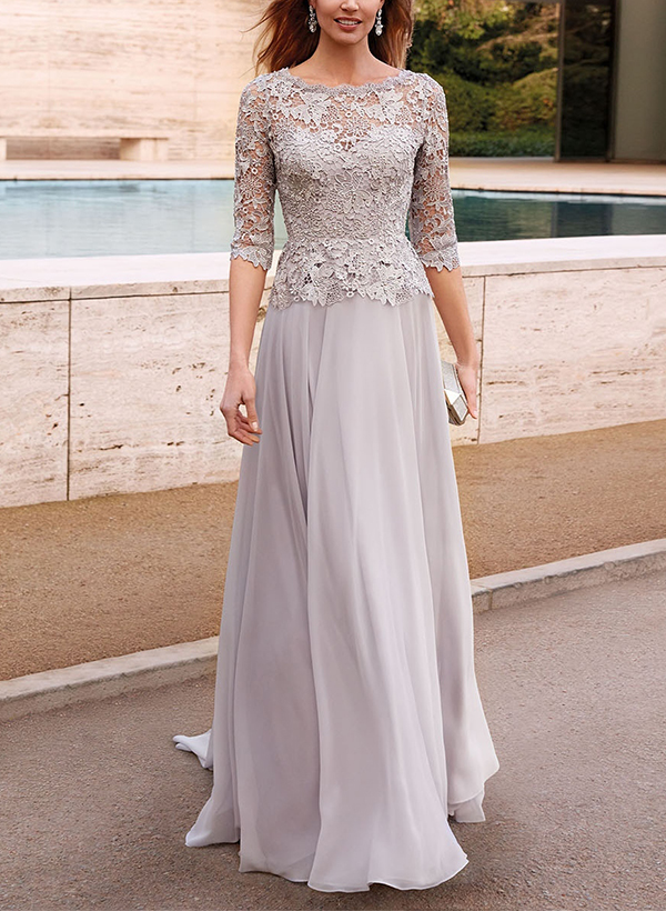 A-Line Illusion Neck 1/2 Sleeves Chiffon/Lace Mother Of The Bride Dresses