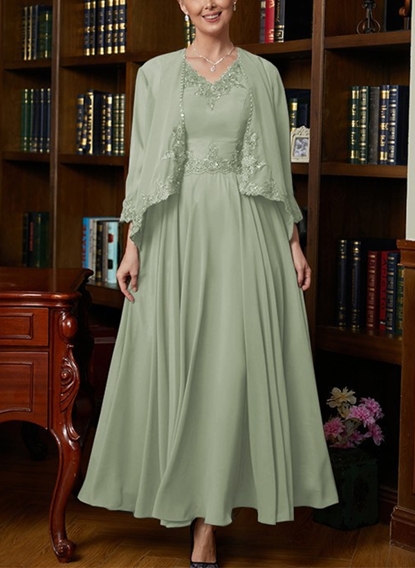 A-Line V-Neck 3/4 Sleeves Chiffon Mother Of The Bride Dresses With Appliques Lace