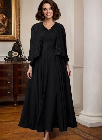 A-Line V-Neck 3/4 Sleeves Chiffon Mother Of The Bride Dresses With Appliques Lace