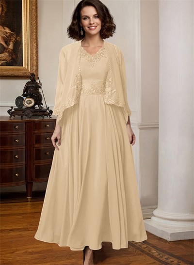 A-Line V-Neck 3/4 Sleeves Chiffon Mother Of The Bride Dresses With Appliques Lace