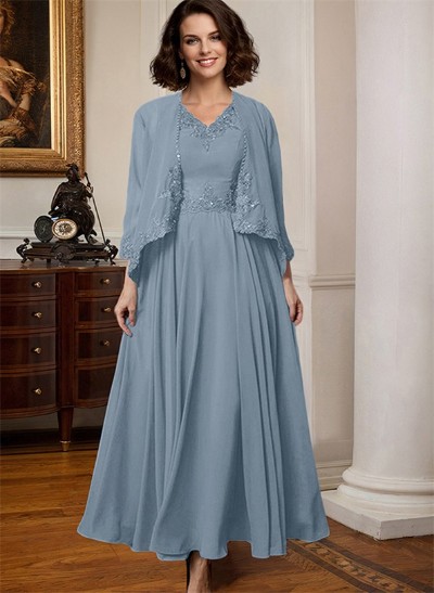 A-Line V-Neck 3/4 Sleeves Chiffon Mother Of The Bride Dresses With Appliques Lace