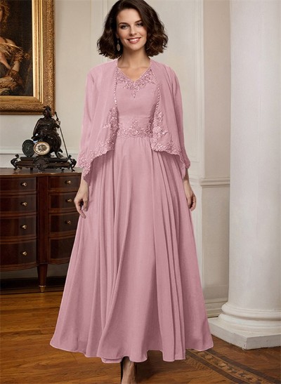 A-Line V-Neck 3/4 Sleeves Chiffon Mother Of The Bride Dresses With Appliques Lace