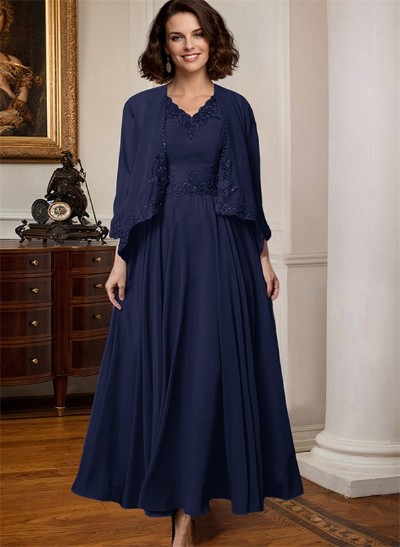 A-Line V-Neck 3/4 Sleeves Chiffon Mother Of The Bride Dresses With Appliques Lace