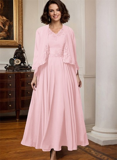 A-Line V-Neck 3/4 Sleeves Chiffon Mother Of The Bride Dresses With Appliques Lace