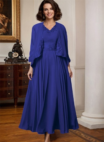 A-Line V-Neck 3/4 Sleeves Chiffon Mother Of The Bride Dresses With Appliques Lace