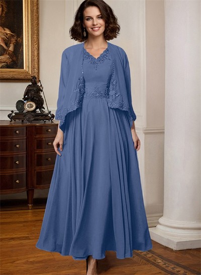 A-Line V-Neck 3/4 Sleeves Chiffon Mother Of The Bride Dresses With Appliques Lace