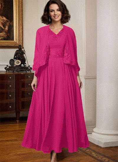 A-Line V-Neck 3/4 Sleeves Chiffon Mother Of The Bride Dresses With Appliques Lace