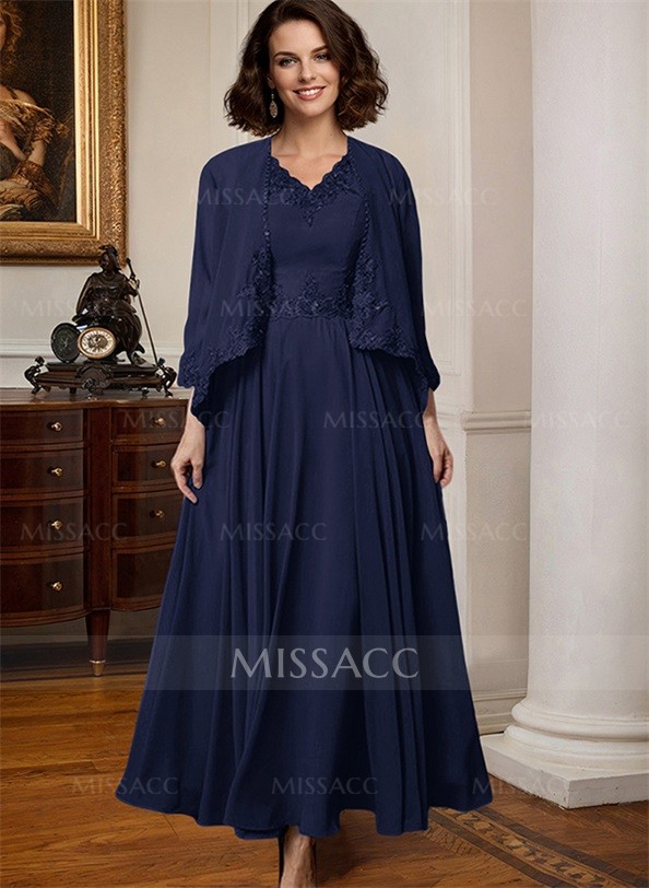 A-Line V-Neck 3/4 Sleeves Chiffon Mother Of The Bride Dresses With Appliques Lace