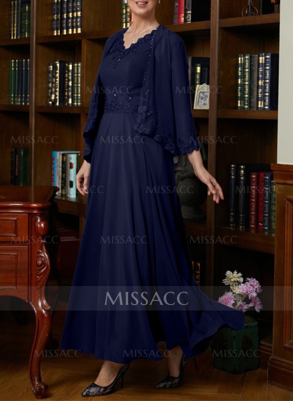 A-Line V-Neck 3/4 Sleeves Chiffon Mother Of The Bride Dresses With Appliques Lace