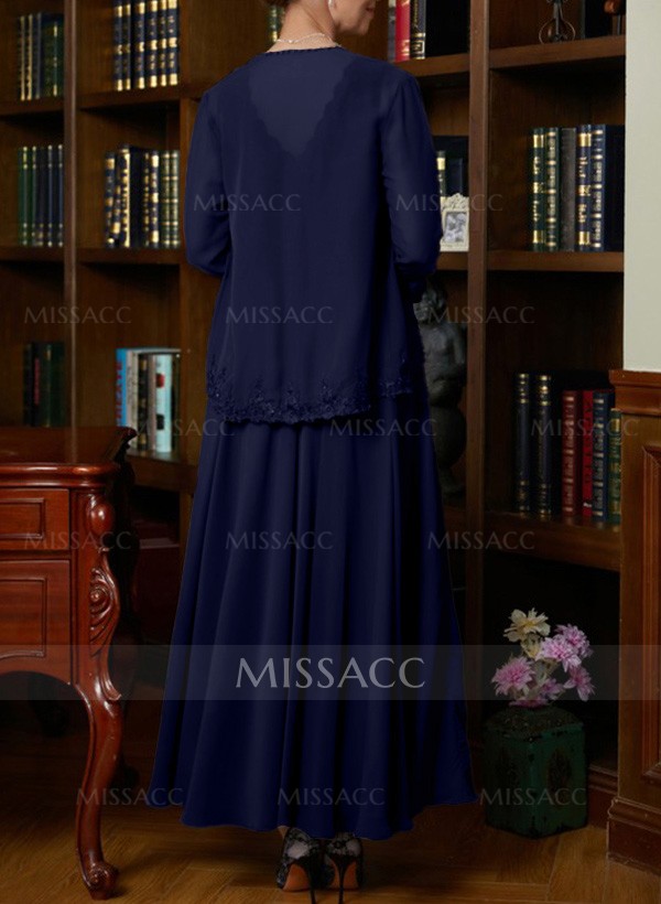 A-Line V-Neck 3/4 Sleeves Chiffon Mother Of The Bride Dresses With Appliques Lace