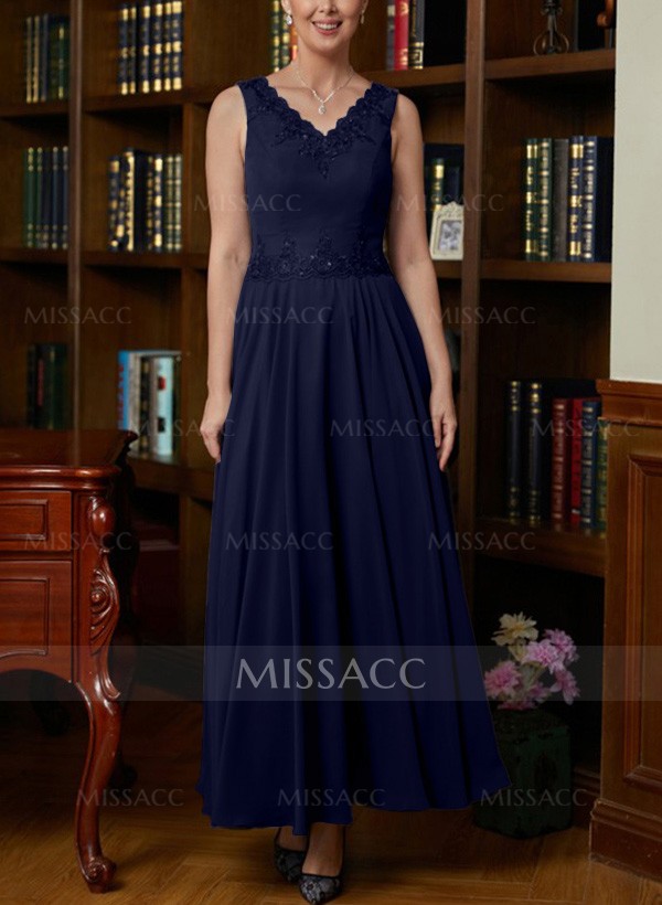 A-Line V-Neck 3/4 Sleeves Chiffon Mother Of The Bride Dresses With Appliques Lace