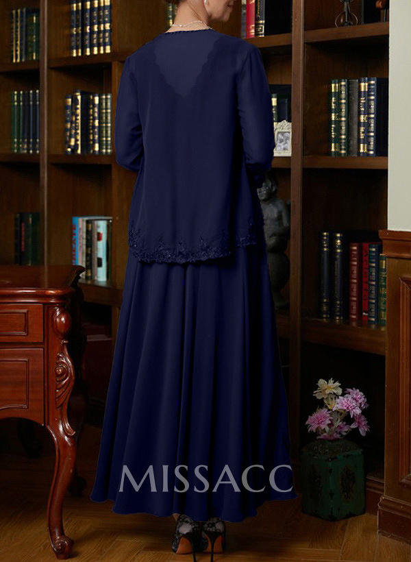 A-Line V-Neck 3/4 Sleeves Chiffon Mother Of The Bride Dresses With Appliques Lace