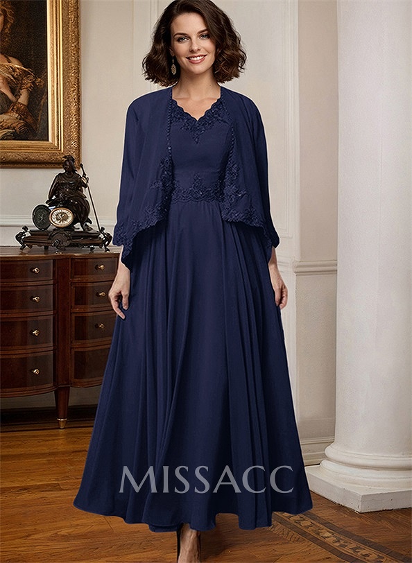 A-Line V-Neck 3/4 Sleeves Chiffon Mother Of The Bride Dresses With Appliques Lace