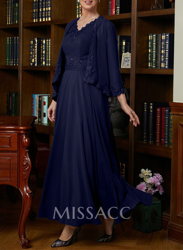A-Line V-Neck 3/4 Sleeves Chiffon Mother Of The Bride Dresses With Appliques Lace