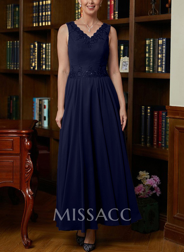 A-Line V-Neck 3/4 Sleeves Chiffon Mother Of The Bride Dresses With Appliques Lace
