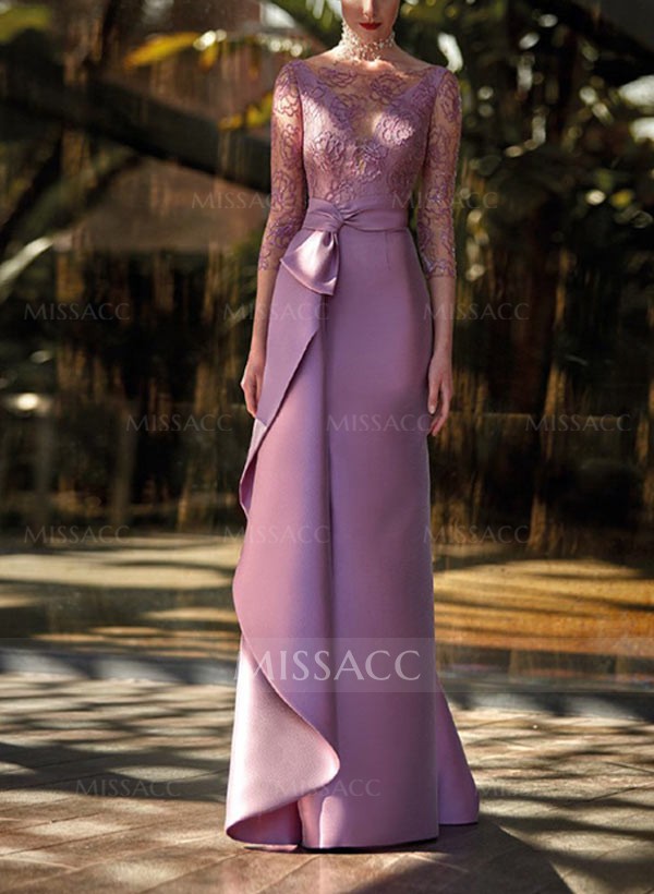 Sheath Illusion Neck 3/4 Sleeves Floor-Length Lace/Satin Mother Of The Bride Dresses With Ruffle