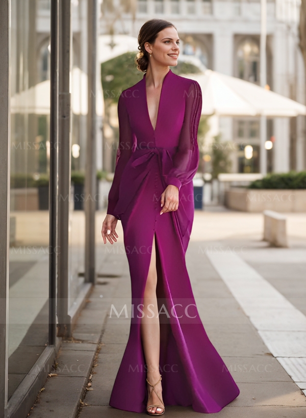 Sheath V-Neck Long Sleeves Floor-Length Mother Of The Bride Dresses With Split Front