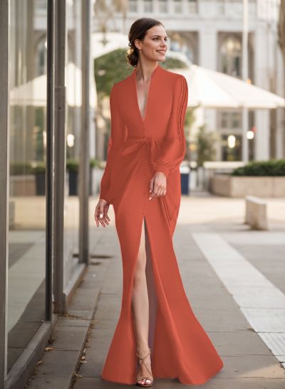 Sheath V-Neck Long Sleeves Floor-Length Mother Of The Bride Dresses With Split Front