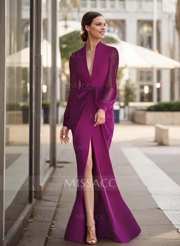 Missacc Mother of The Bride Dresses Sheath V-Neck Long Sleeves Floor-Length Mother of The Bride Dresses with Split Front